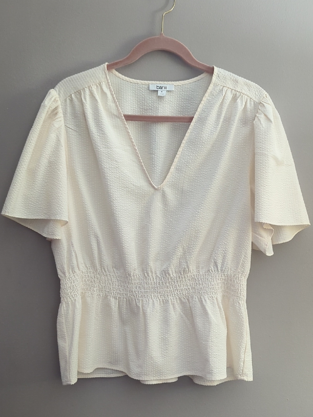 Bar III Like Pastel PeachV-Neck Smocked Peplum Blouse